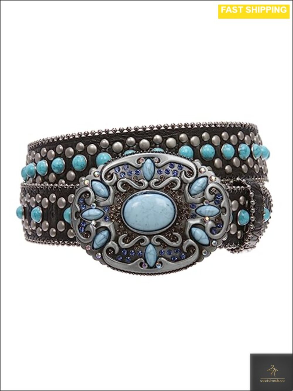 Western Turquoise Rhinestone Studded Faux Crocodile Print Genuine Leather Belt